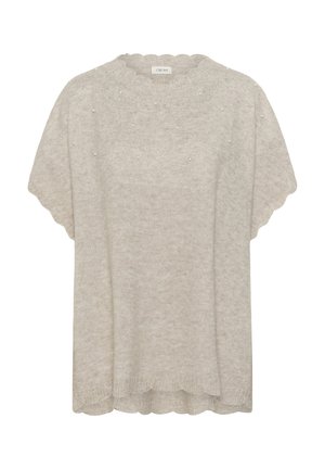 Világos bézs kötött pulóver fodros kivágással és rövid ujjal. Az elülső felső részén apró gyöngyökkel díszítve. Puha tapintás.