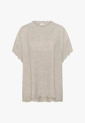 Világos bézs kötött pulóver fodros kivágással és rövid ujjal. Az elülső felső részén apró gyöngyökkel díszítve. Puha tapintás.