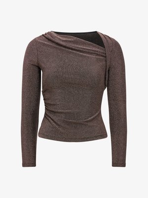 Hnedý metalický vrchný diel s dlhými rukávmi, s prekladaným výstrihom a detailom záhybov na boku. Hladký povrch so žiarivým leskom.