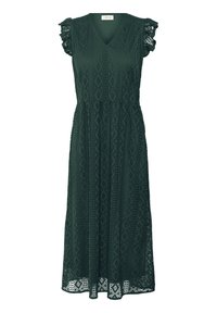Mörkgrön midi-klänning med V-ringning, korta volangärmar och geometriskt spetsmönster. Har elastisk midja och dekorativt kantdetalj.