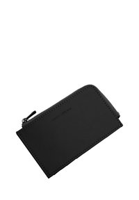 Black leather wallet with a textured finish, featuring a zip closure and subtle stitching details. Embossed brand logo on the surface.