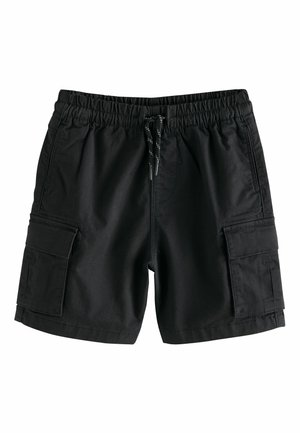 Black cargo shorts featuring an elastic waistband with adjustable drawstring, side pockets, and a lightweight fabric texture.