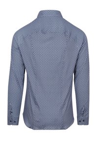 Langarmhemd aus blauer Stoff mit einem kleinen kreisförmigen Muster. Verfügt über einen Kentkragen und geknöpfte Manschetten. Glatte Textur, taillierte Passform.