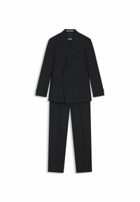 Svart dubbelknäppt kostym med slagkragar, två sidofickor och skräddarsydda byxor med vecken, tillverkad av ett slätt vävt tyg.
