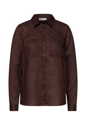 Koszula ciemnobrązowa z długim rękawem, zapinana na guziki, z dwoma kieszeniami na piersi i klasycznym kołnierzem, wykonana z teksturowanej tkaniny.