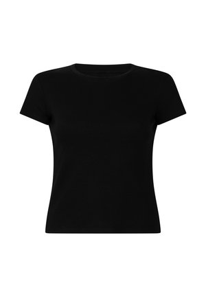 Zwart getailleerd T-shirt met korte mouwen en ronde hals, weergegeven tegen een witte achtergrond.