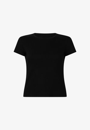 Zwart getailleerd T-shirt met korte mouwen en ronde hals, weergegeven tegen een witte achtergrond.