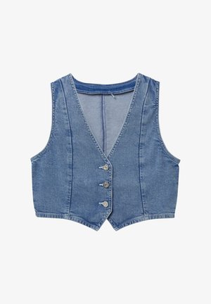 Gilet en denim, bleu avec décolleté en V, sans manches, comportant cinq boutons métalliques sur le devant et une forme légèrement cintrée.