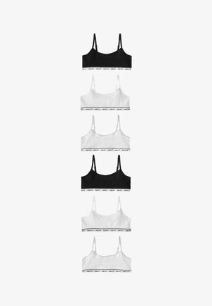 Set of five bralette tops in black, white, and gray. Made from soft fabric with adjustable straps and contrasting branded elastic bands.