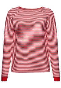 Pull en maille à manches longues avec des rayures horizontales rouges et blanches et un col rond.