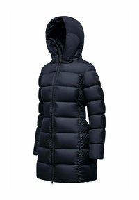 Parka nera imbottita con cappuccio, dotata di chiusura frontale con zip, design trapuntato e tasche laterali. Tessuto liscio e lucido con una sensazione di leggerezza.