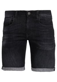Black denim shorts with rolled cuffs, five pockets, and a button fly. Features a smooth texture and subtle fading on the fabric.