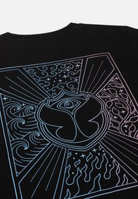 Black t-shirt featuring a multicolored graphic design with swirls, stars, and a central emblem, displaying shades of blue and pink stitching.