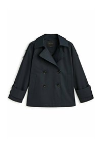 Granatowy dwurzędowy trencz wykonany z gładkiego materiału, z dużymi guzikami, dwiema przednimi kieszeniami oraz szerokimi klapami i podwiniętymi rękawami.