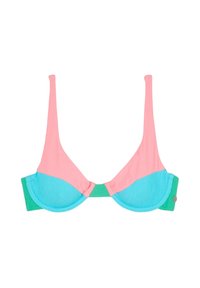 Soutien-gorge à armatures avec bretelles roses, bonnets bleus et bande verte, affiché à plat sur fond blanc