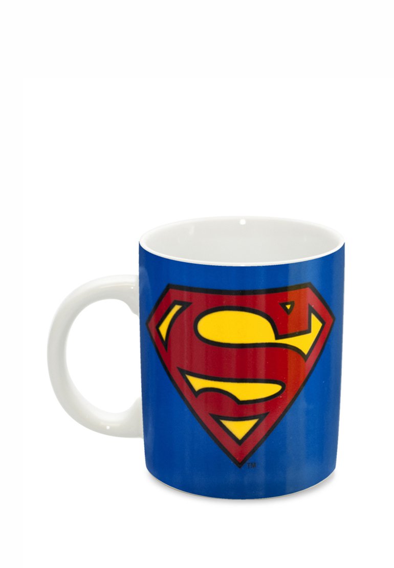 White ceramic mug with a blue background, featuring a large red and yellow Superman logo on one side. Smooth surface, round shape.