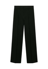 Pantalon large noir sur mesure avec devant plat, deux poches latérales et plis légèrement marqués pour une apparence nette.