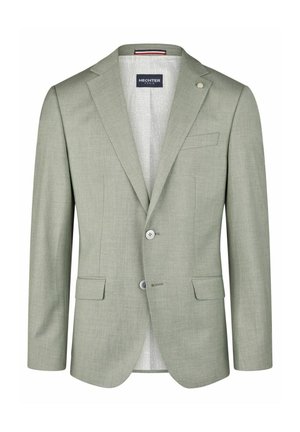 Light green blazer made of textured fabric with two buttons, notched lapels, and flat front pockets. Interior features patterned lining.