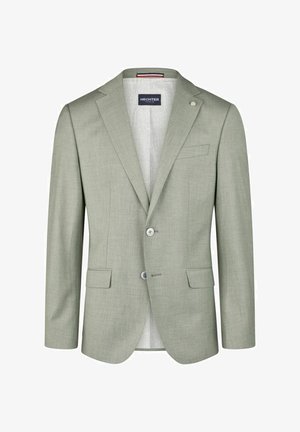 Hellgrüner Blazer aus strukturiertem Stoff mit zwei Knöpfen, Reverskragen und flachen Fronttaschen. Das Innenfutter hat ein gemustertes Design.