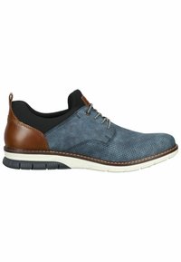 Scarpe in pelle blu traforata da uomo con accenti in pelle marrone, suola bianca e collare elastico nero; punta arrotondata e design con lacci.