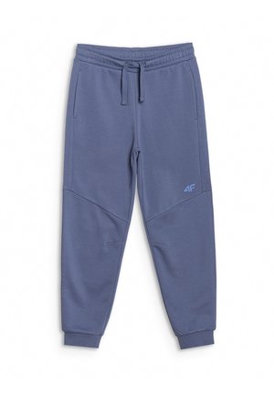 Pantalon de survêtement décontracté bleu avec taille élastique, cordon de serrage, poches latérales, poignets côtelés et petit logo sur la cuisse supérieure.