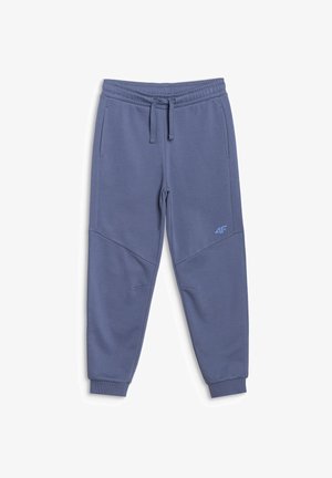 Pantalon de survêtement décontracté bleu avec taille élastique, cordon de serrage, poches latérales, poignets côtelés et petit logo sur la cuisse supérieure.