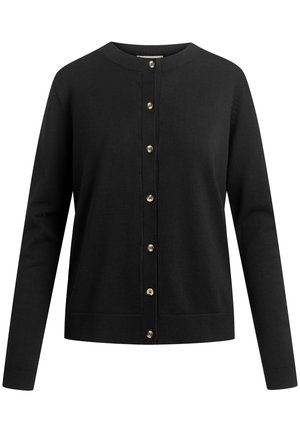 Schwarze Strickjacke mit langen Ärmeln, rundem Halsausschnitt und Goldknöpfen vorne. Hergestellt aus weichem, gestricktem Material mit gerippten Manschetten.