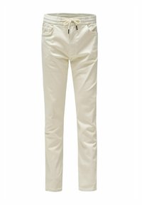Pantalones de color crema claro fabricados en una tela suave, con una cinturilla elástica con cordón, bolsillos laterales y un diseño de pierna ajustada.
