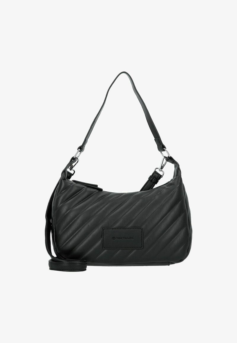 Schwarze gesteppten Schultertasche aus synthetischem Material, mit einem Hauptfach, verstellbarem Tragegurt und einem logobezogenen Patch auf der Vorderseite.