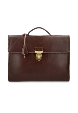 Serviette en cuir marron foncé avec poignée supérieure, serrure à fermoir en métal doré et petite clé attachée dans un étui en cuir.