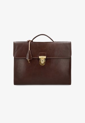 Serviette en cuir marron foncé avec poignée supérieure, serrure à fermoir en métal doré et petite clé attachée dans un étui en cuir.