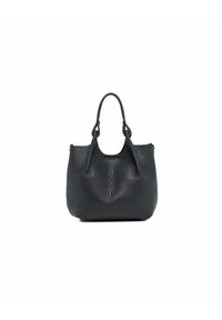 Borsa a tracolla nera in pelle con superficie testurizzata, forma curva e due manici; presenta una chiusura con zip.
