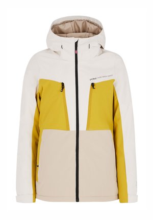 Skijack met een witte bovenkant, gele ondersecties, beige afwerking, ritszakken en een capuchon. Gemaakt van synthetisch materiaal.