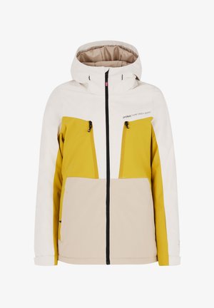 Skijacke mit einem weißen Oberteil, gelben Unterteilen, beigem Besatz, mit Reißverschlusstaschen und Kapuze. Hergestellt aus synthetischem Material.