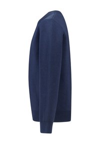 Laivastonsininen neule, kudottu kangas, pyöreä pääntie, ribbineuleiset hihansuut ja helma. Sujuva pinta suoralla siluetilla.