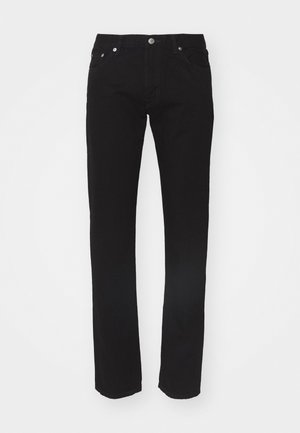 Sorte denim jeans med rett benkutt, fem-lomme-design og metallknapp-lukking i livet. Glatt tekstur, ingen synlige mønstre.