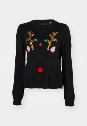 Black sweater featuring a reindeer design with golden sequin antlers, pink ear details, red pom-pom nose, and green, red bead accents.