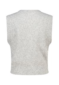 Light gray sleeveless sweater with a soft, textured knit. Features a scoop neckline and ribbed hem, designed for a cropped fit.