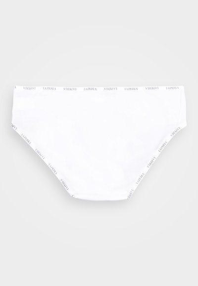 Fundo de bikini branco de algodão com uma textura suave e uma cintura com impressão sutil do logo repetido "LA PERIA".