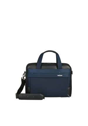 Dunkelblaue Laptoptasche mit doppelten Griffen, verstellbarem Schultergurt, vorderer Reißverschlusstasche und strukturiertem Stoff. Schwarze Akzente entlang der Kanten.