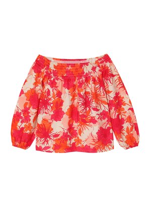 Top off-the-shoulder con arricciatura elastica, con un motivo floreale in rosa e arancione su uno sfondo avorio. Maniche lunghe e puff.