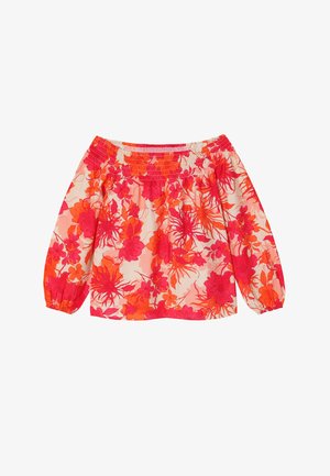 Haut décolleté avec smocking élastique, présentant un motif floral rose et orange sur un fond crème. Manches longues bouffantes.