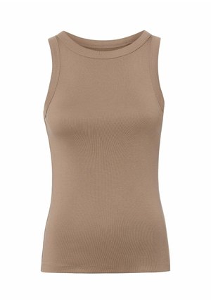 Sleeveless beige ribbed tank top with round neckline, fitted shape, and simple stitching along edges.