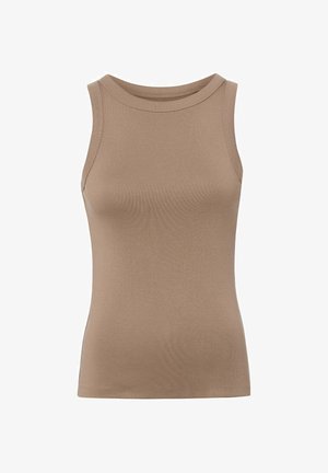 Canotta beige senza maniche con coste, scollo rotondo, forma aderente e cuciture semplici lungo i bordi.