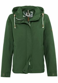 Veste à capuche verte avec fermeture éclair à l'avant et boutons-pression, cordons ajustables sur la capuche et poches latérales, conçue pour une utilisation extérieure.