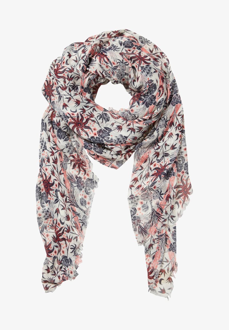 Écharpe en tissu léger avec des motifs floraux rouges et noirs et des motifs abstraits de soleil, drapée de manière lâche avec des bords effilochés.