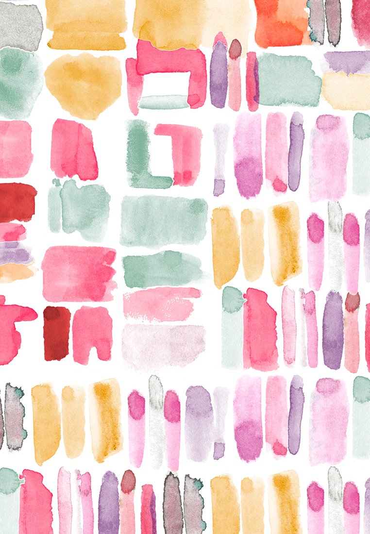 Abstraktes Aquarellmuster mit verschiedenen rechteckigen und unregelmäßigen Formen in Pink, Grün, Gelb, Lila und Rot auf einem weißen Hintergrund.