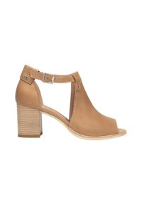 Scarpa aperta con punta aperta, design perforato, cinturino alla caviglia con fibbia e tacco a blocco con texture simile al legno.