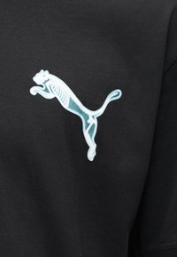 Λογότυπο που απεικονίζει μια πάνθηρα που πηδά, σε λευκό και γαλάζιο χρώμα, που μοιάζει με ακτινογραφικό σκελετό σε μαύρο φόντο υφάσματος.