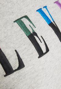 Sweatshirt gris avec de grandes lettres brodées multicolores en vert, noir, bleu, violet et rose. Texture douce et design décontracté.